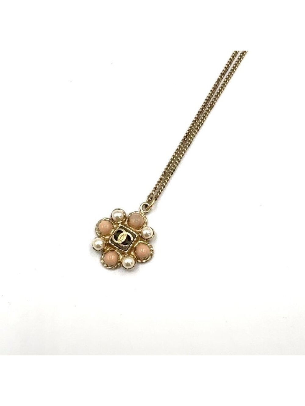 Chanel CC Logo Flower Motif Faux Pearl Color Stone Gold Pink White Necklace